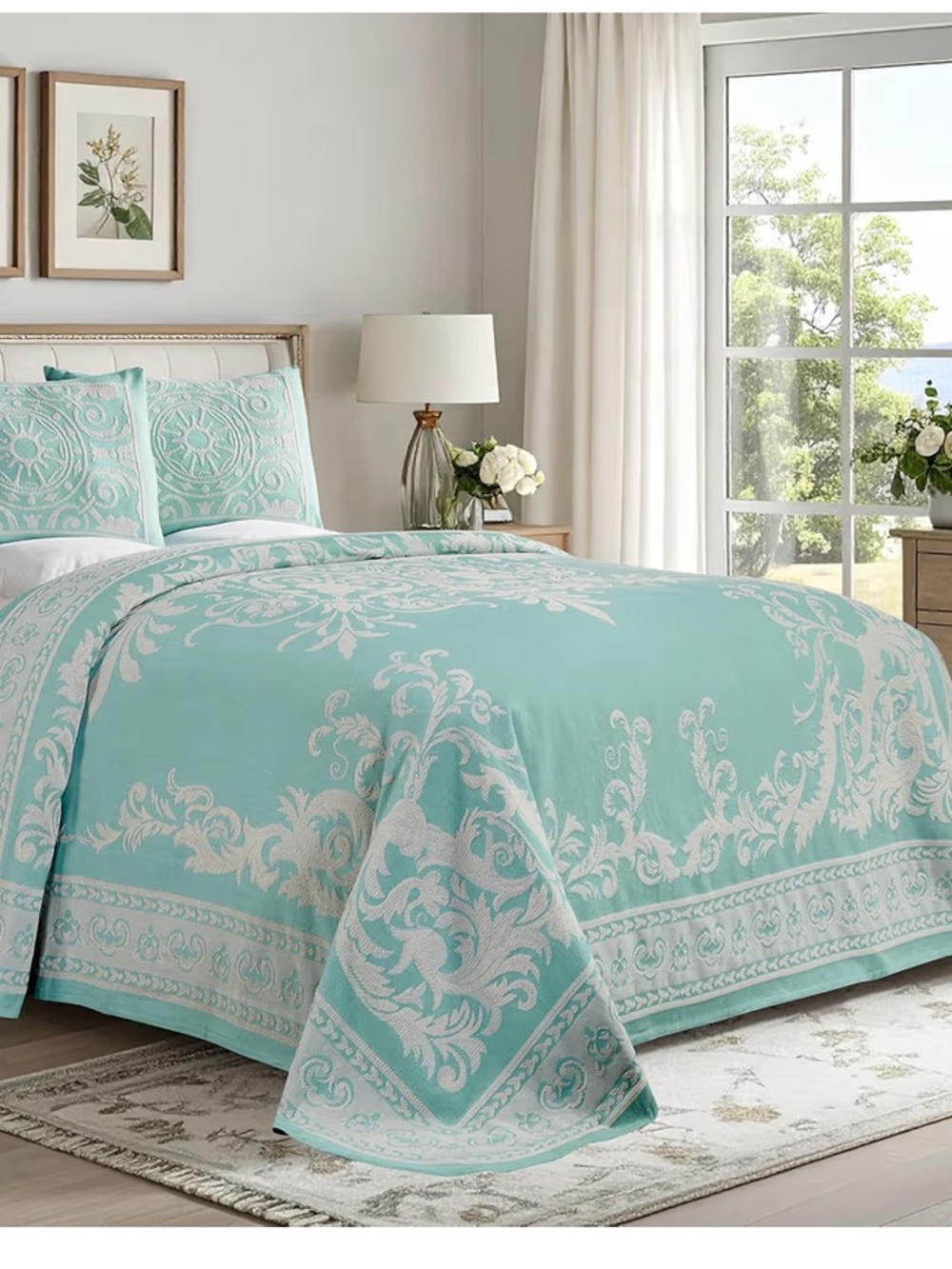 ‘Adalie Collection’ Turquoise Jacquard Floral Bedspread Set FULL